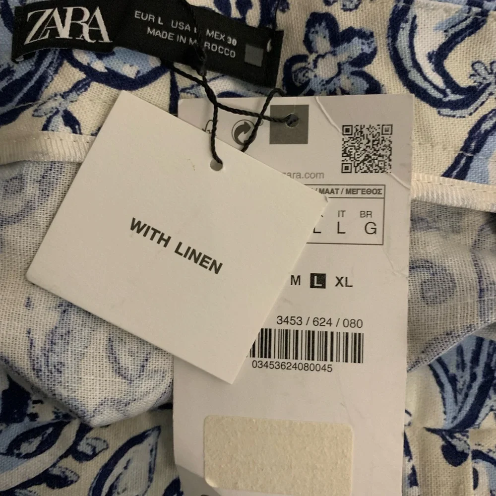 NWT Zara Blue & Cream Women’s XL Linen Blend Wide Leg Floral Paisley Pants